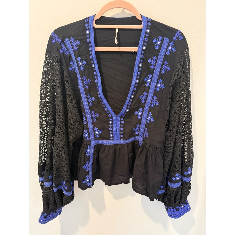 Free People Boogie All Night Embroidered Lace Peasant Top